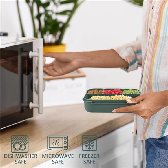 Adult, Kids Bento Lunch Box - 4 Compartments, Utensil Set, for School Dark Green - Picture 6 of 8